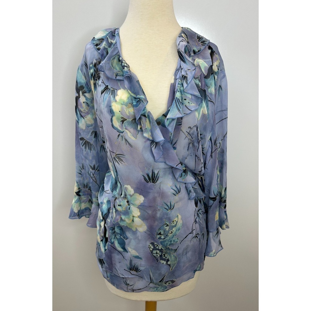 Midnight Velvet 100% Silk Ruffle Wrap Blouse Blue Floral Sheer Top Plus Size 18W - Picture 2 of 13
